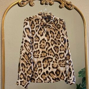 INC International Concepts Jubilant Leopard Long Sleeve Button Up Blouse Size 10